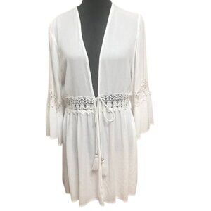 Blue Island Women's Crochet Trim White Swim Cover Up w/ Bell Sleeves Size Medium